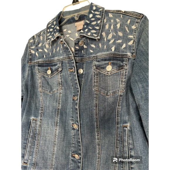 Chicos NWT PEACE LOVE CHIC Embroidered‎ Denim Jean Jacket Size 1 - Picture 8 of 12